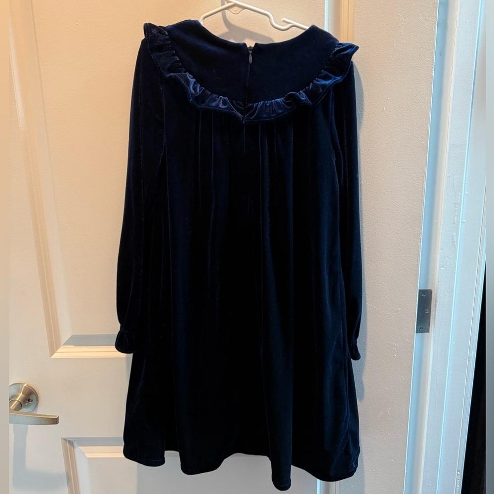Mini Boden Long Sleeve Navy Velvet Dress Ruffle Collar 9/10 - Picture 2 of 7